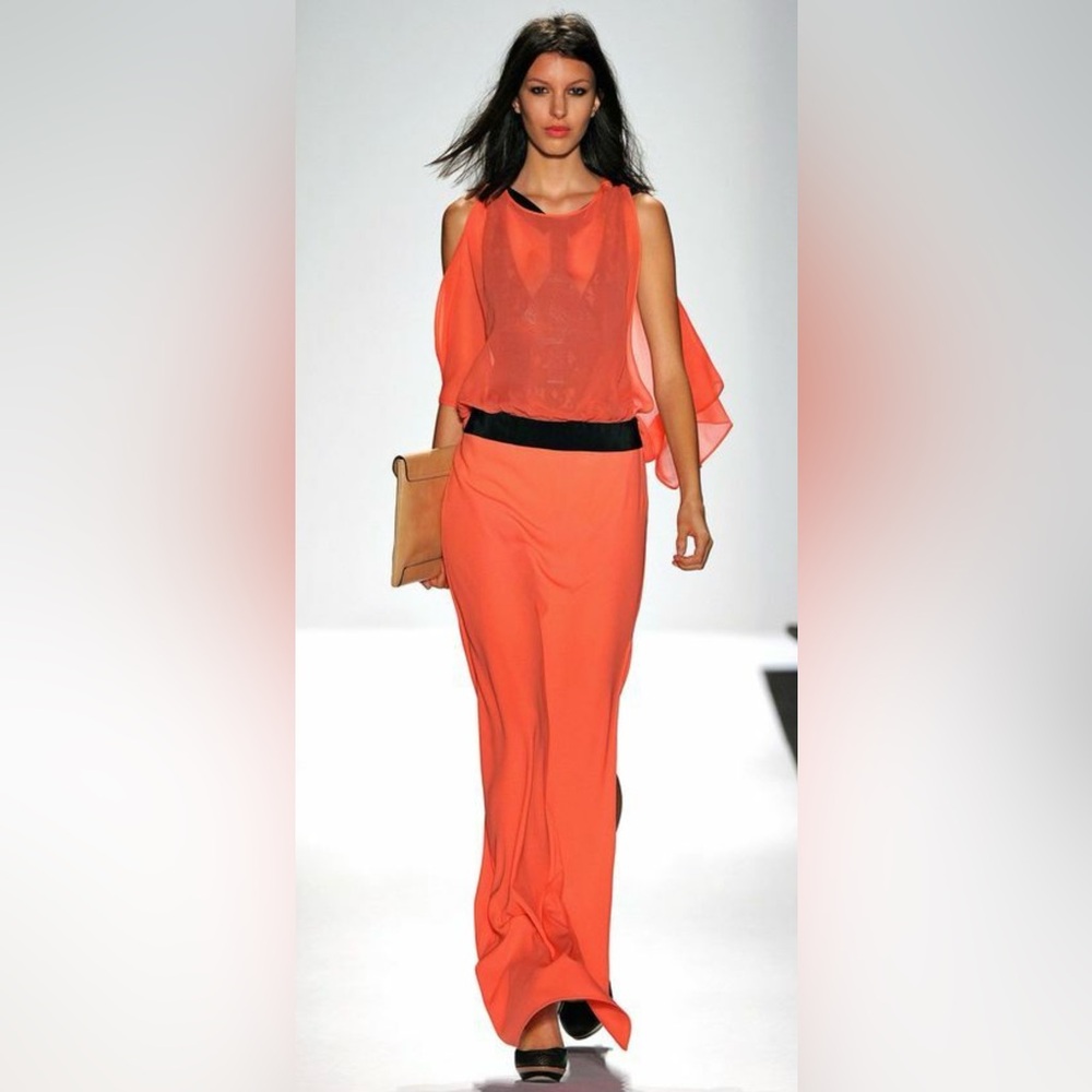 bcbgmaxazria runway coral dress with black waistband